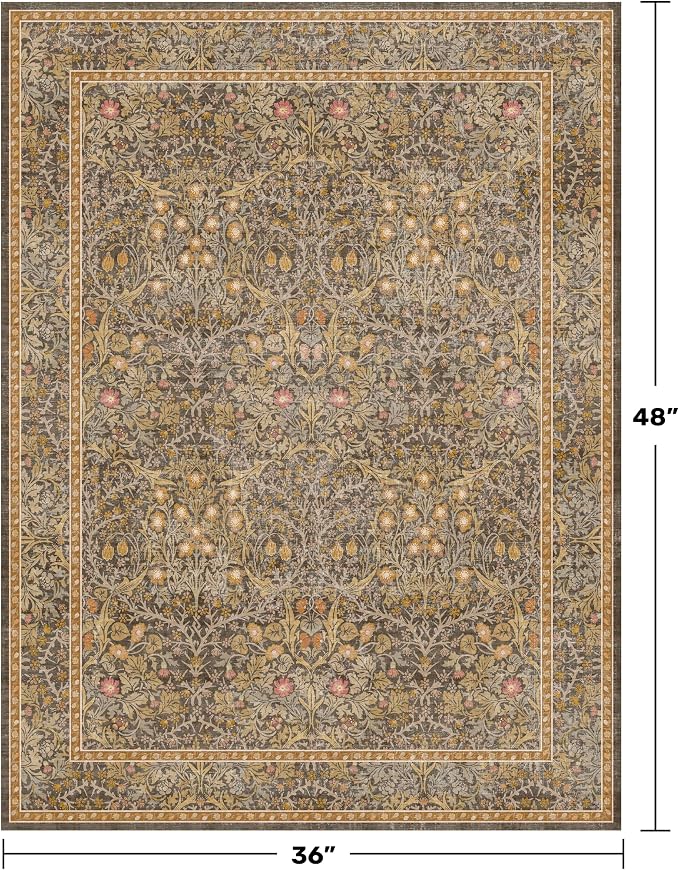 Vintage Gold Brown Entryway Rug, 3x4 Washable Area Rugs - Image 2