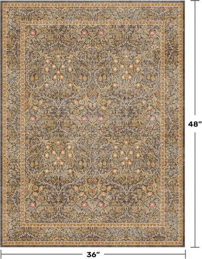 Vintage Gold Brown Entryway Rug, 3x4 Washable Area Rugs - Image 2