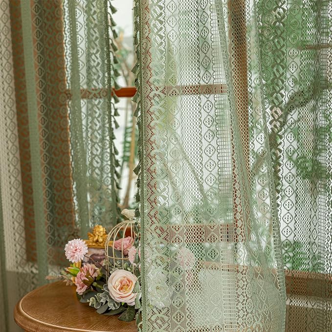 Sutuo Home Olive Green Boho Lace Sheer Curtains, Farmhouse Crochet Privacy by SutuoHome