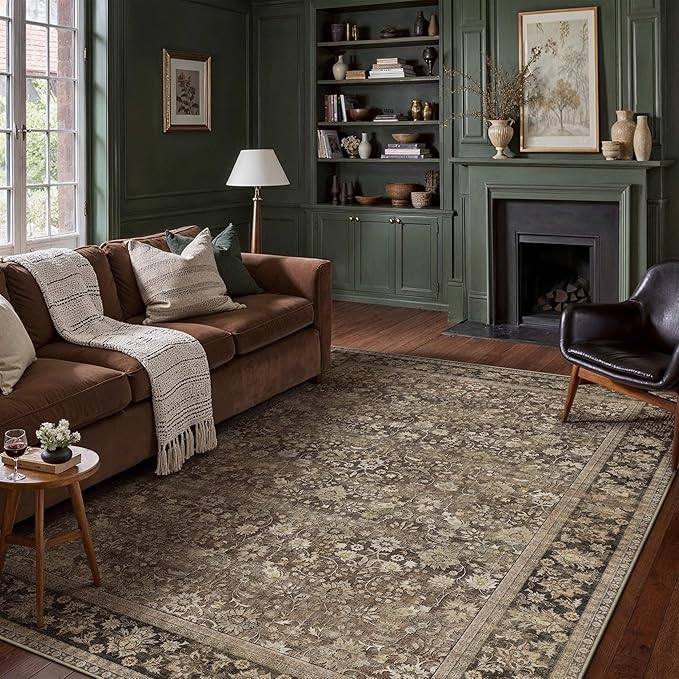 8x10 Brown Vintage Floral Washable Area Rug by HUGEAR