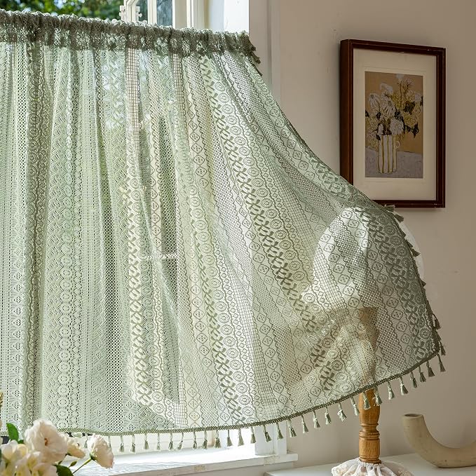 Sutuo Home Sage Green Boho Lace Short Curtains 2 Panels 50" W x 36" L | Sheer - Image 7