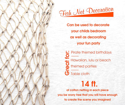 Natural Fish Net Party Decorations for Pirate Party, Hawaiian Party, Nautical Themed Cotton Fishnet Party Accessory
