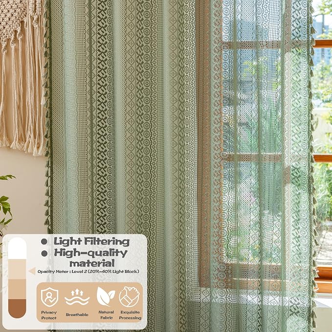 Sutuo Home Sage Green Boho Sheer Curtains 2 Panels - Image 3