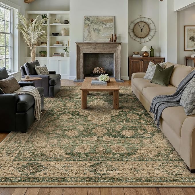 10x14 Green Retro Floral Washable Area Rug by HUGEAR