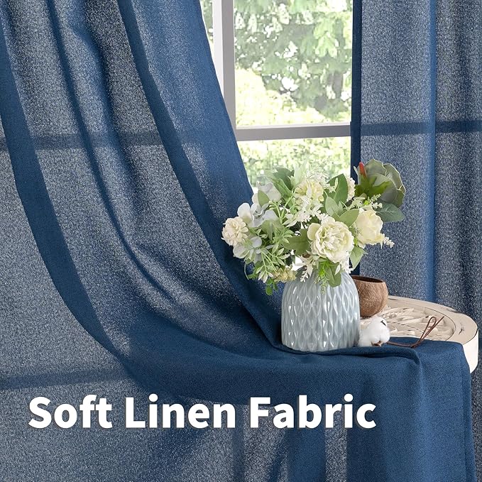 YoungsTex Navy Blue Linen Curtains 48 Inch Length, Short Light Filtering Semi - Image 5