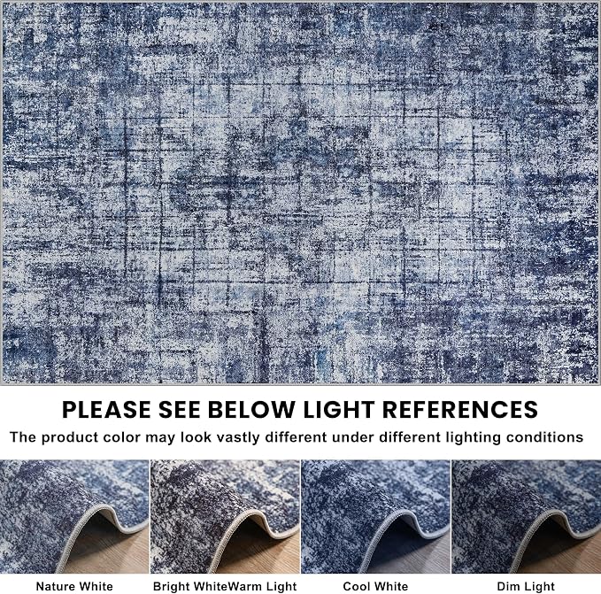 9x12 Washable Area Rug for Living Room Bedroom: Non-Slip Modern Navy Blue | - Image 8