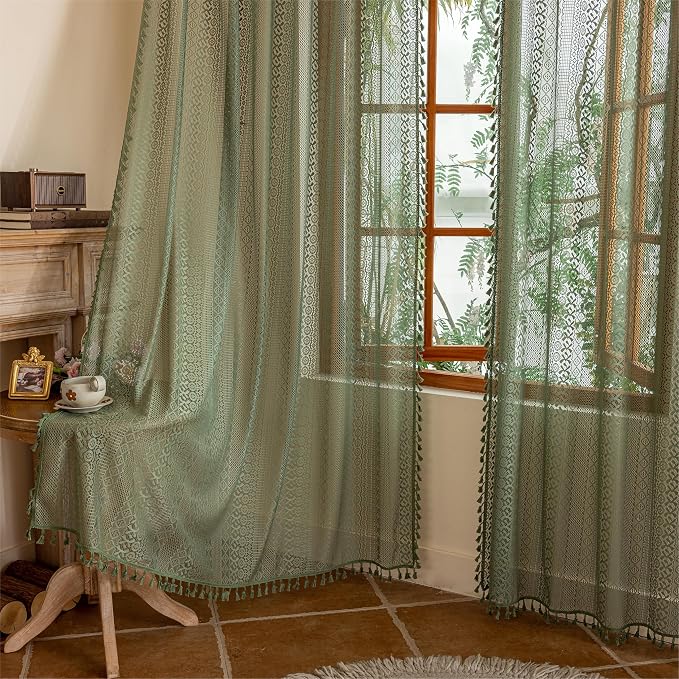 Sutuo Home Olive Green Boho Sheer Curtains 90 Inches Long - Image 5