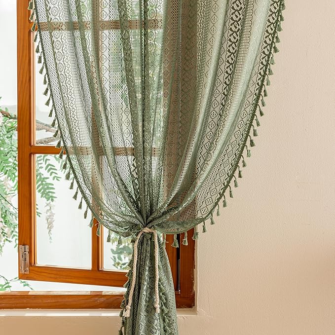 Sutuo Home Olive Green Boho Sheer Curtains 90 Inches Long - Image 4