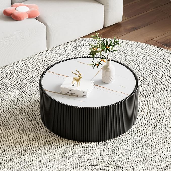 SSLine Round Drum Coffee Table Modern Sintered Stone Top Coffee Table in Black - Image 3