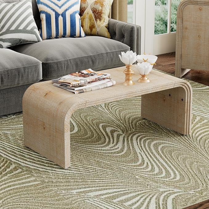Minimalist Coffee Table with Curved Art Deco Design, Wood Rectangle Center Table by SIYSNKSI
