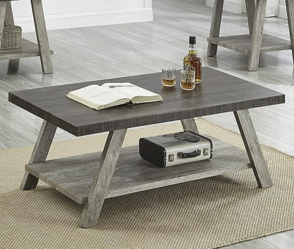 Contemporary Two-Tone Wood Shelf Coffee Table, 48 in Weathered Walnut and Gray - Image 4