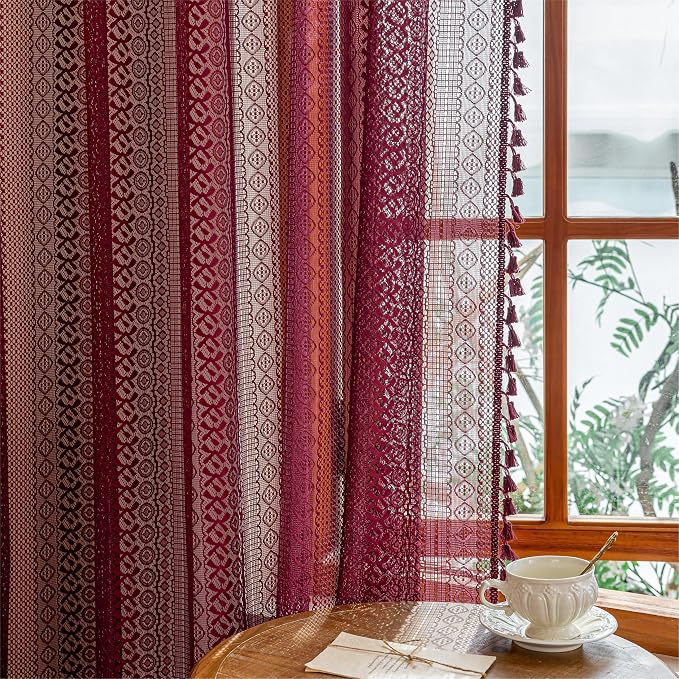 Sutuo Home Burgundy Boho Lace Curtains 72 inch Lengh by SutuoHome