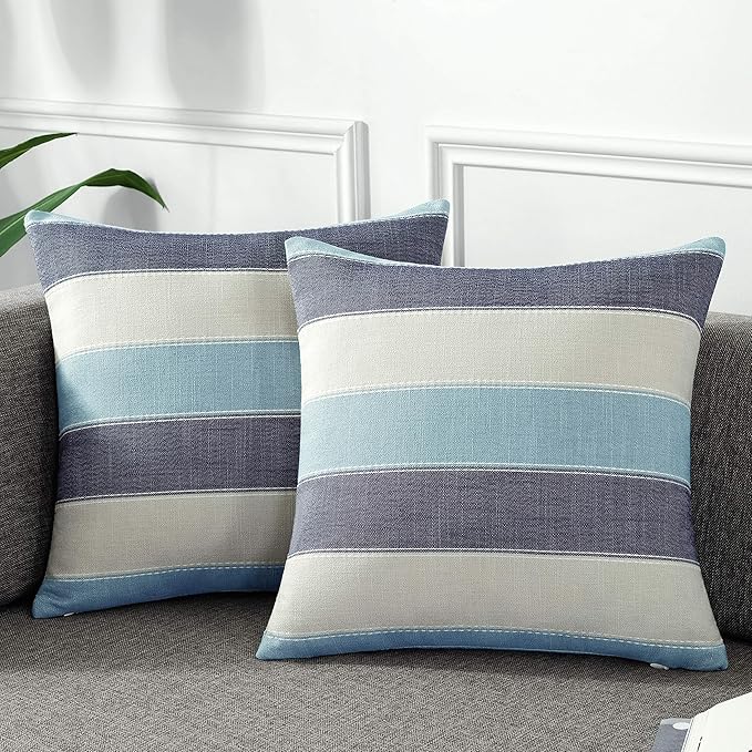 AmHoo Pack of 2 Farmhouse Stripe Check Throw Pillow Covers Set Case Cotton by AmHootextile