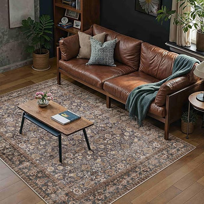 5x7 Brown Blue Vintage Floral Washable Area Rug - Image 3