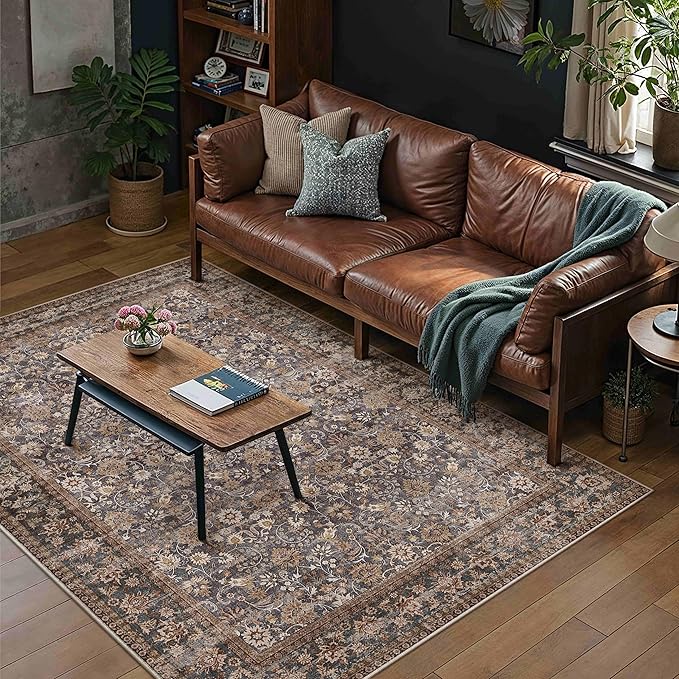 4x6 Brown Blue Vintage Floral Washable Area Rug by HUGEAR