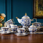 ACMLIFE Bone China Tea Set for 6, Blue and White Tea Set for Adults 24K Gold, Vintage Floral British English Cups and Saucers for Women Party or Gift Giving (Blue)