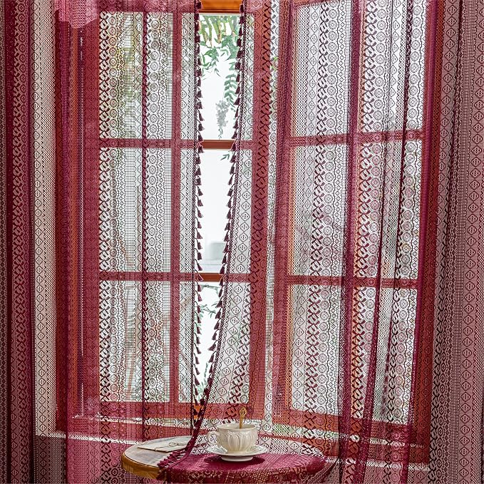 Sutuo Home Burgundy Boho Lace Curtains 96 inches long - Image 9